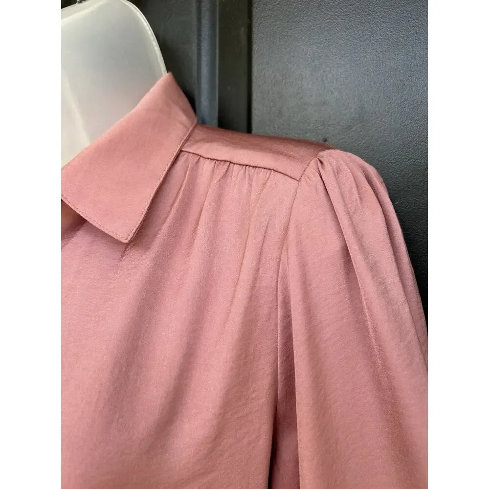 Banana Republic Pink Satin Blouse Size Med V-Neck Pleated Puff Long Sleeve Top